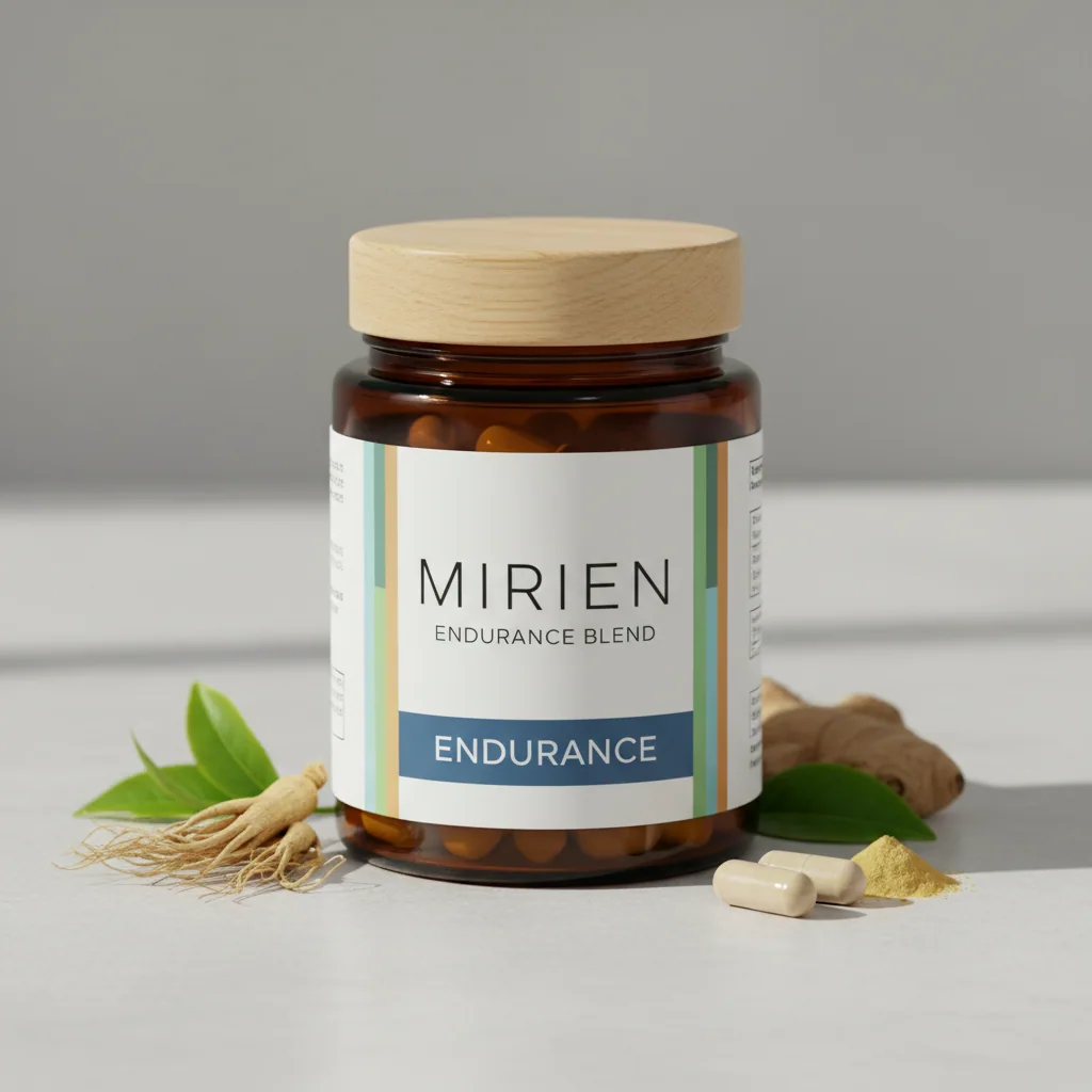 Mirien Endurance Blend -ravintolisäpurkki, 90 kapselia, lasisessa ambrapurkissa mustalla kannella